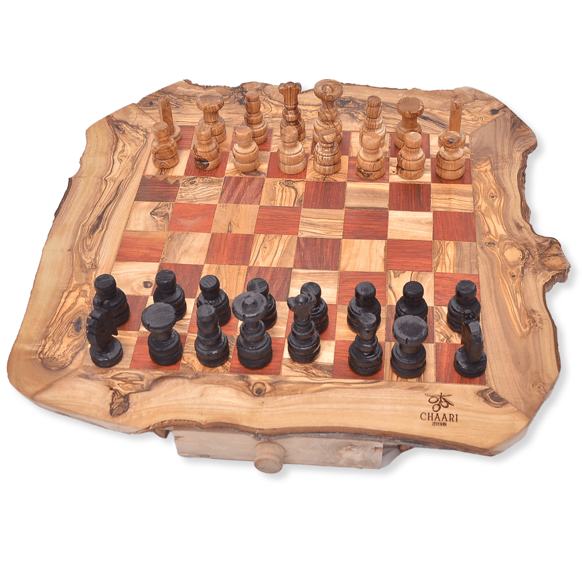 Handgefertigtes Olivenholz-Schachset - 45x50 cm